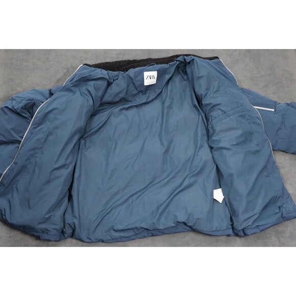 Zara Mens Puffer Bomber Jacket XL Blue Sherpa Lined Collar Full Zip Coat - Picture 9 of 16